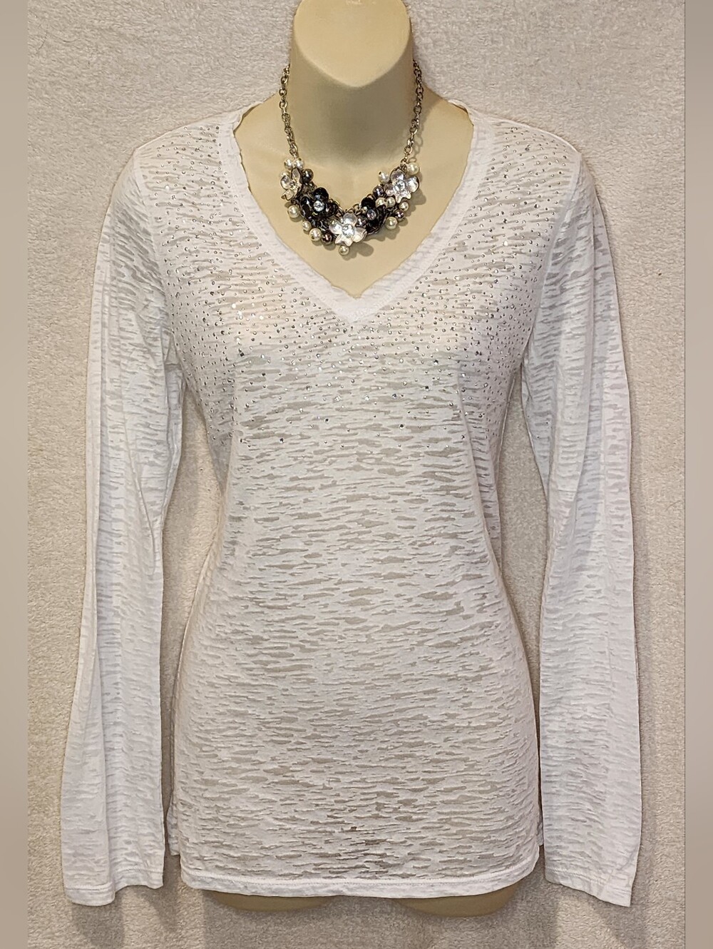 Apostrophe White V-Neck Long Sleeve Sheer Burnout Top with Sparkle Accent
